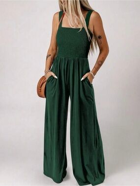 SHEIN Dark Green Smocked Wide-Leg Jumpsuit